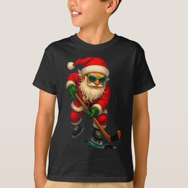 Santa Ice Hockey Player Christmas Xmas Boys Men Bo T-Shirt (Front)