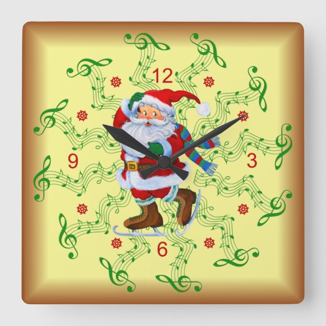 Santa ~ Ice Skates ~ Musical Scrolls ~ Christmas ~ Square Wall Clock (Front)