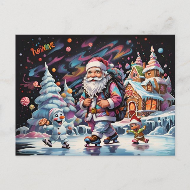 Santa ice skating Psychedelic colours Postcard (Front)