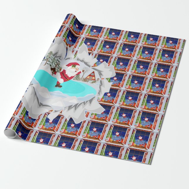Santa Ice Skating Wrapping Paper (Unrolled)
