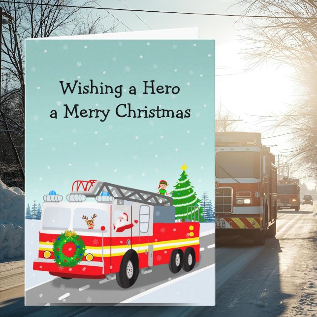 Santa in Firetruck Merry Christmas Hero Card (Creator Uploaded)