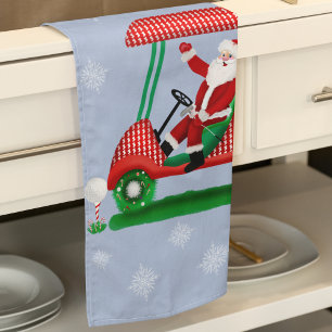 Santa In Golf Cart Merry Christmas Tea Towel