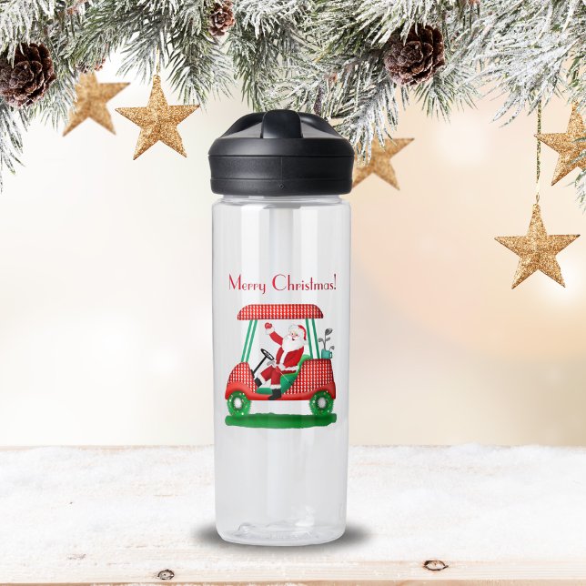 Santa In Golf Cart Merry Christmas  Water Bottle (Stay refreshed in holiday style with Santa on the links water bottle!)