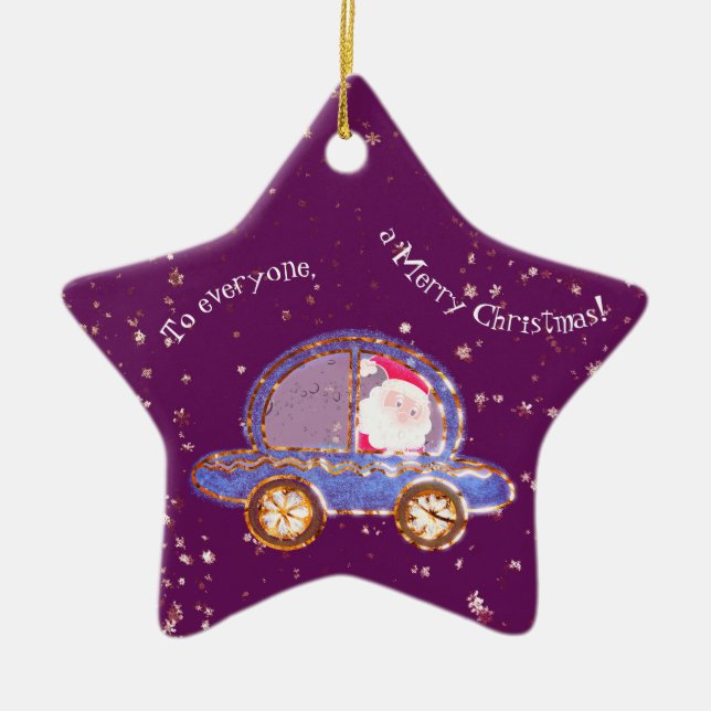 Santa in his car at Christmas Ceramic Ornament (Front)