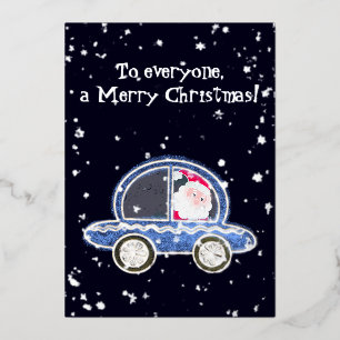 Santa in his car at Christmas Foil Holiday Card