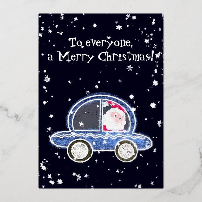 Santa in his car at Christmas Foil Holiday Card (Front)