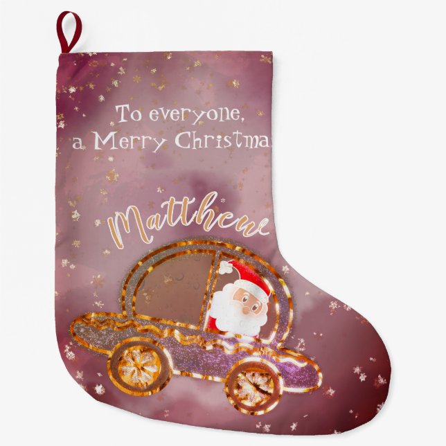 Santa in his car at Christmas personalised Large Christmas Stocking (Front)