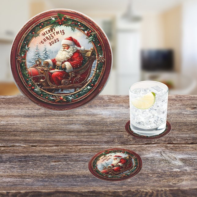 Santa in His Sleigh Round Paper Coaster (Creator Uploaded)