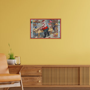 Santa in His Workshop, vintage artwork, Poster