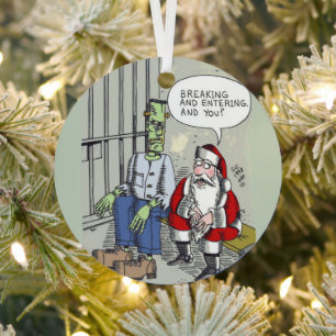 Santa In Jail round metal ornament