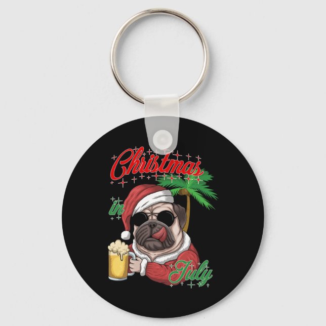 Santa In July Christmas Pug Santa Costume Dog Drin Key Ring (Front)