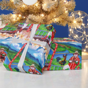Santa in Paradise with Rudy the Rooster Kauai Wrapping Paper