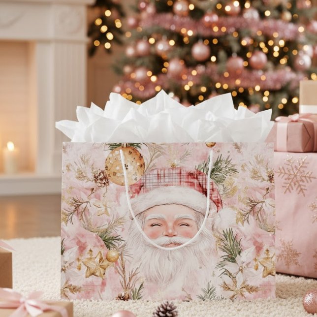 Santa in Red Plaid Hat Pink Christmas Holiday Large Gift Bag (Creator Uploaded)