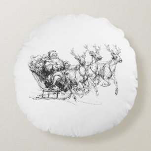 Santa in Sleigh – Minimal Christmas Sketch Round Cushion