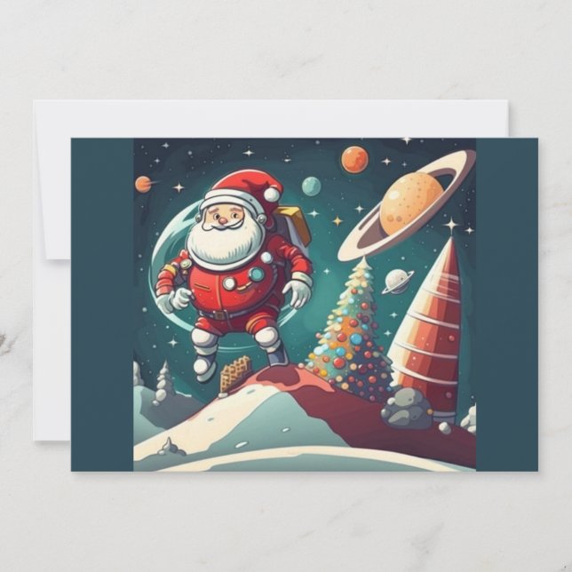 Santa in space fun retro holiday card (Front)
