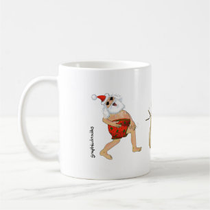 Santa in swimming trunks with a snow sandman. coffee mug