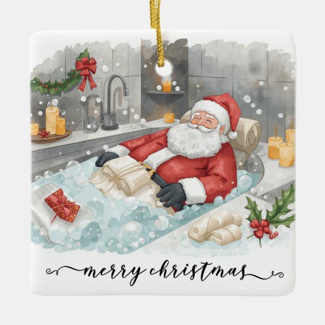 Santa in the Bathtub Spa Christmas themed Ceramic Ornament (Front)