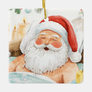 Santa in the Bathtub Spa Christmas themed Ceramic Ornament