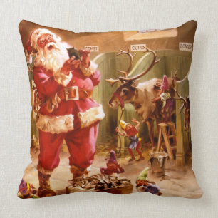 Santa in the Reindeer Barn Cushion