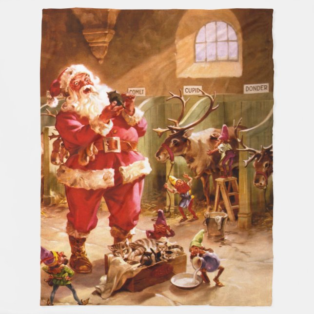 Santa in the Reindeer Barn Fleece Blanket (Front)