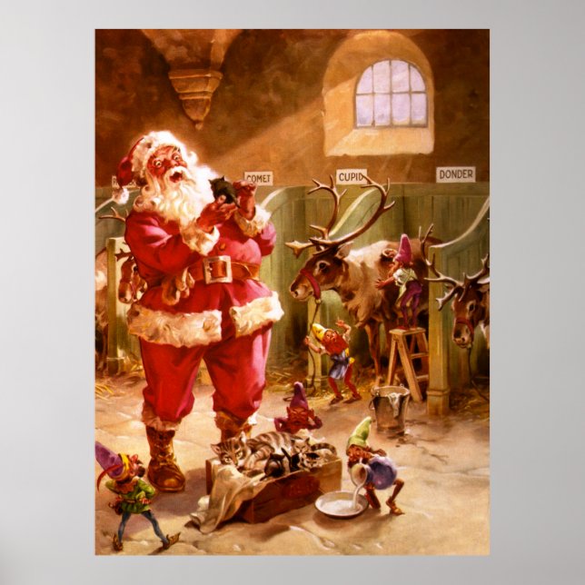 Santa in the Reindeer Barn Poster (Front)