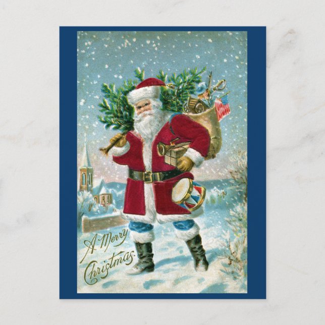 Santa in the Snow Carrying Drum and Tree Holiday Postcard (Front)