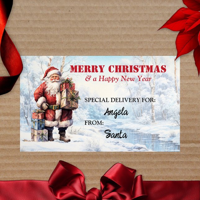 Santa in Winter Wonderland Cute Colourful Rectangular Sticker (Christmas sticker featuring a colorful vintage Santa with festive packages in a winter wonderland)