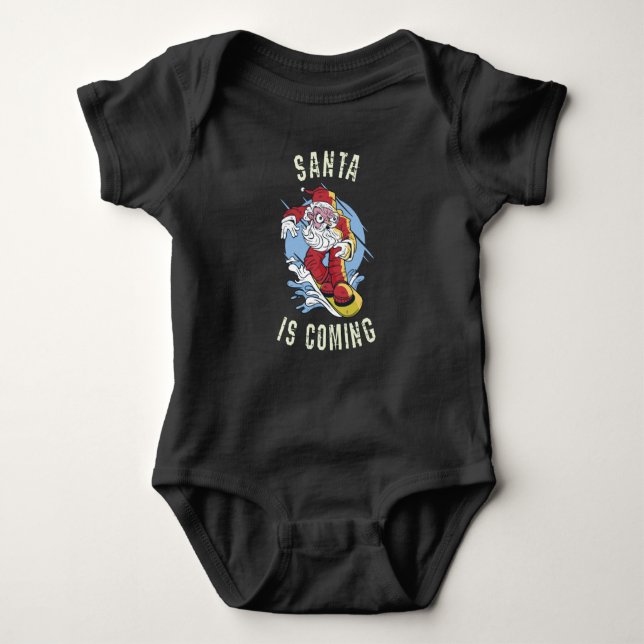 Santa is coming by snowboard baby bodysuit (Front)