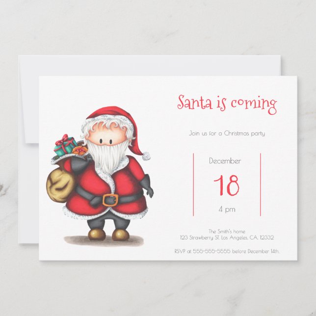 Santa is Coming Cute Santa Claus with Presents Invitation (Front)