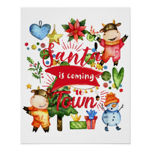 Santa Is Coming To Town - Cute Cows Holiday Party Poster