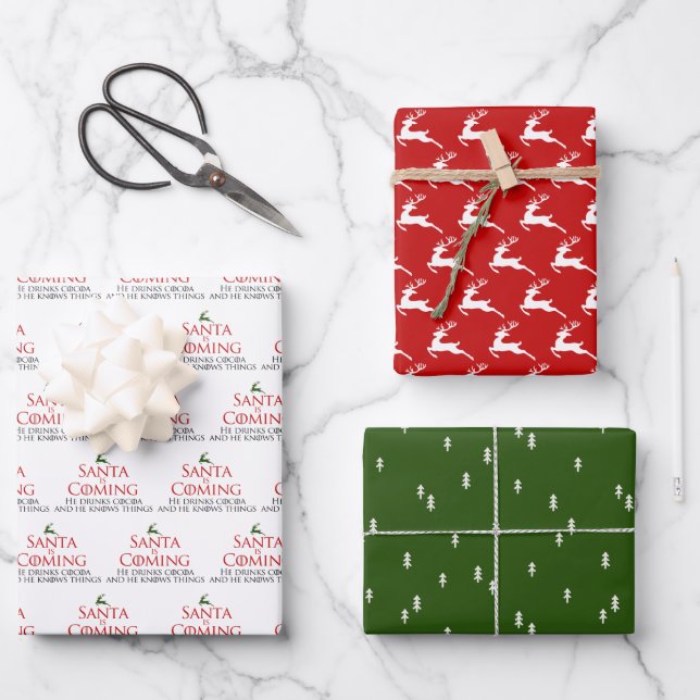 Santa Is Coming Wrapping Paper Flat Sheet Set of 3 (Front)