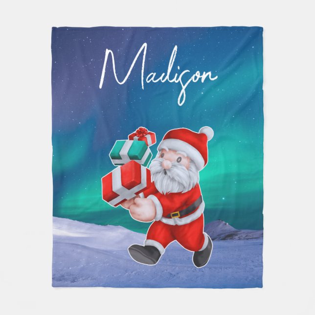 Santa is on his way Northern Lights Christmas Fleece Blanket (Front)