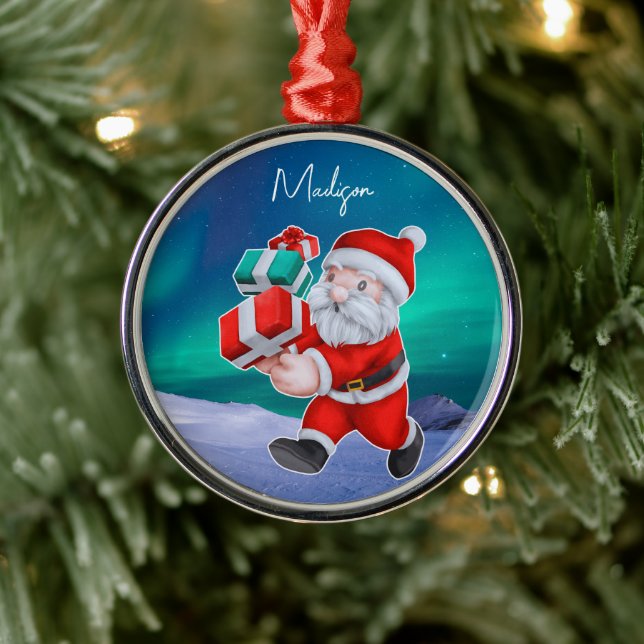 Santa is on his way Northern Lights Christmas Metal Ornament (Tree)