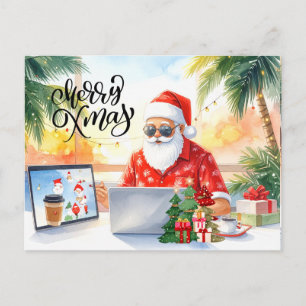 Santa is working on line for Christmas Holiday Postcard