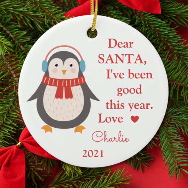 Santa I've Been Good Photo Christmas Penguin Ceramic Ornament (Creator Uploaded)