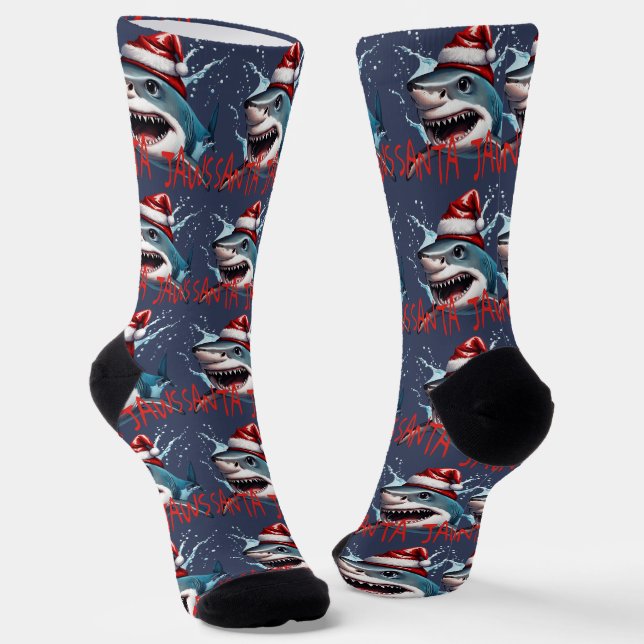 Santa Jaws Pun Quote Christmas Shark Cartoon Art Socks (Angled)