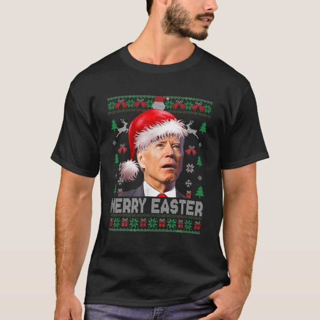 Santa Joe Biden Funny Merry Easter Christmas Ugly T-Shirt (Front)