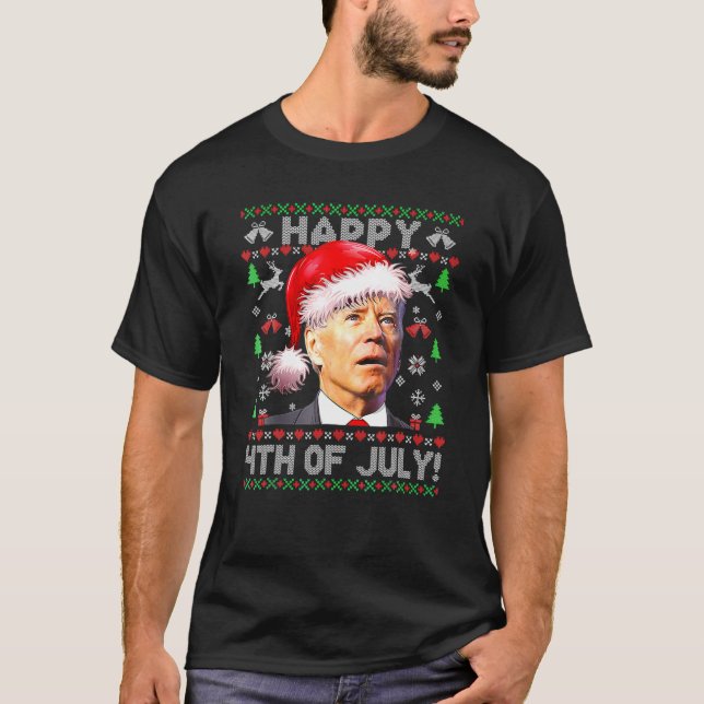 Santa Joe Biden Happy 4Th Of July Ugly Christmas T-Shirt (Front)