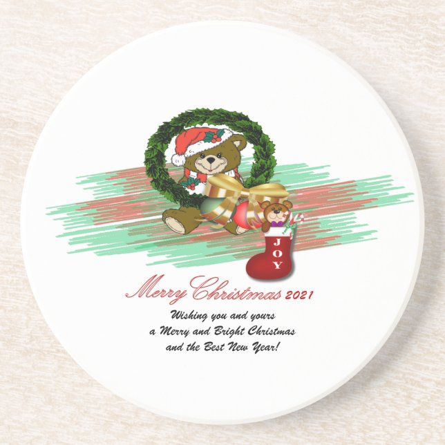 Santa Joy Sock Christmas Sandstone Coaster (Front)
