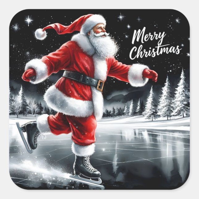 Santa Joyfully Ice Skating for Holidays Square Sticker (Front)