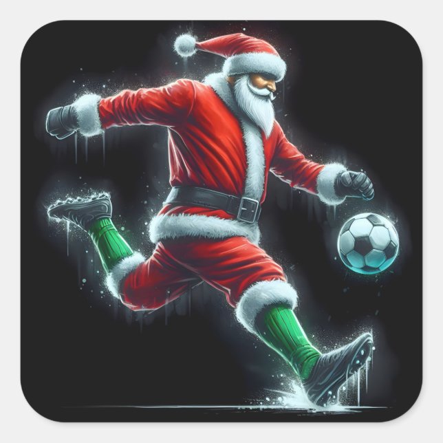 Santa Kicks a Soccer Ball in Snow Square Sticker (Front)