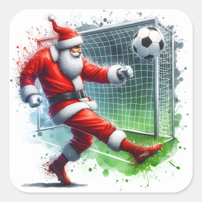 Santa Kicks a Soccer Ball Towards the Goal Square Sticker (Front)