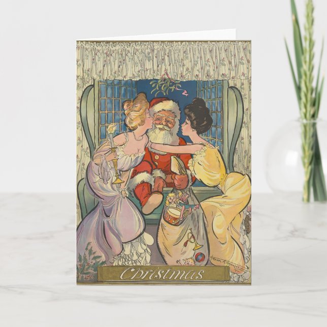 Santa Kissing Vintage Christmas Card (Front)