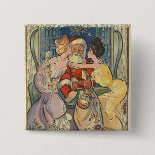 Santa Kissing Vintage Christmas Card 15 Cm Square Badge
