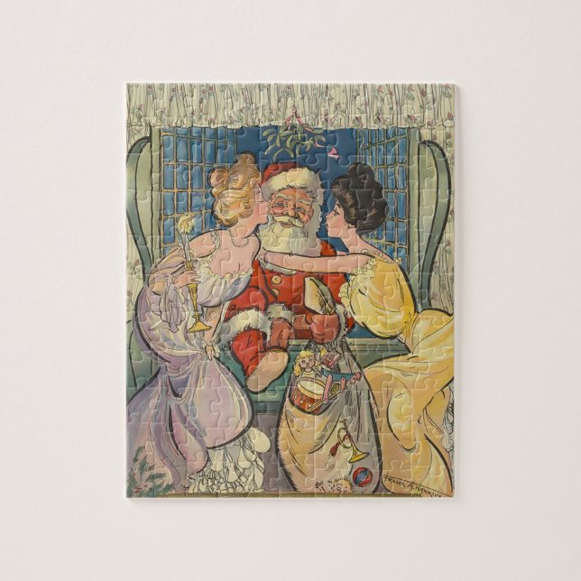 Santa Kissing Vintage Christmas Card Jigsaw Puzzle (Vertical)