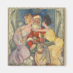 Santa Kissing Vintage Christmas Card Magnet