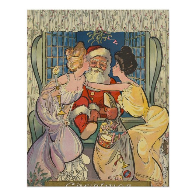 Santa Kissing Vintage Christmas Card Poster (Front)