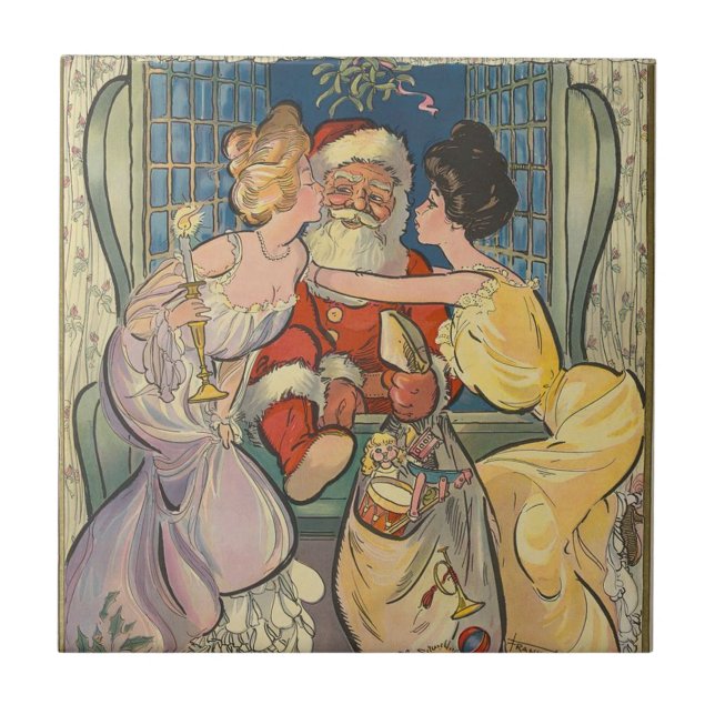 Santa Kissing Vintage Christmas Card Tile (Front)