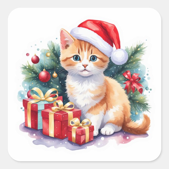 Santa Kitten (orange/white) with Gifts  Square Sticker (Front)