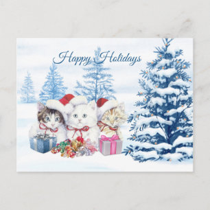 Santa kittens, pine trees Christmas Postcard